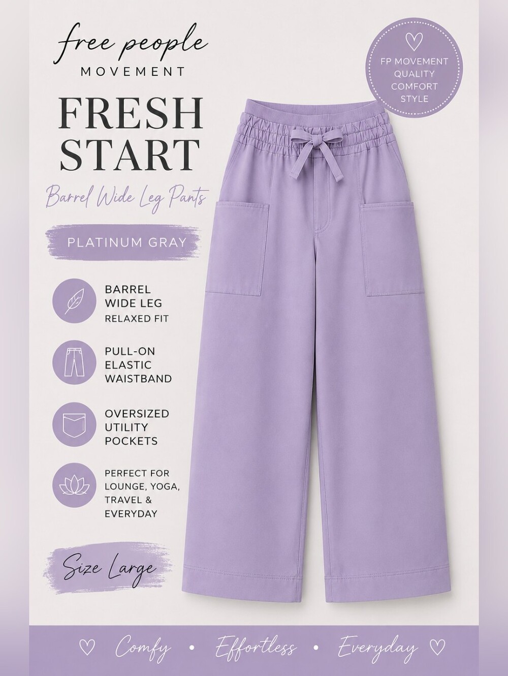 Free People Movement Fresh Start Barrel Wide Leg Pants Platinum Gray Purple L FP